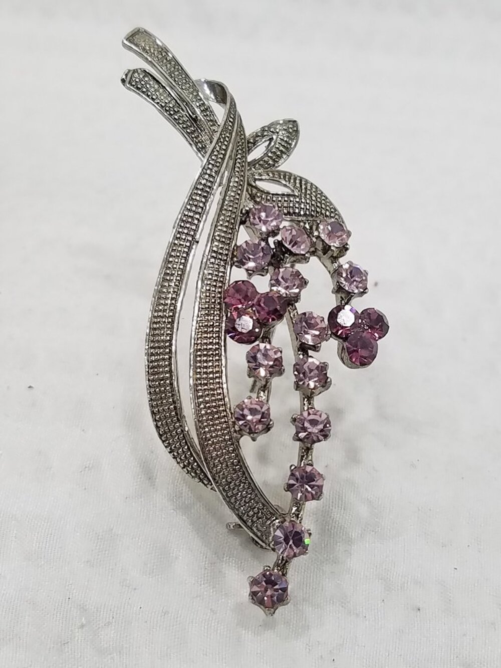 Vintage Pink and Fuchsia Rhinestone Textured Silver Tone Floral Spray Brooch
